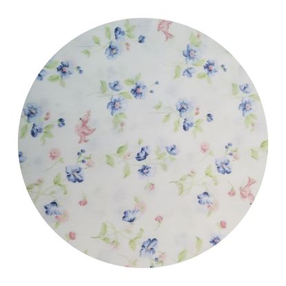 Picture of Floral Print- white background  with soft blue flowers and pink babybirds